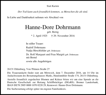 Traueranzeige von Hanne-Dore Dohrmann von Nordwest-Zeitung