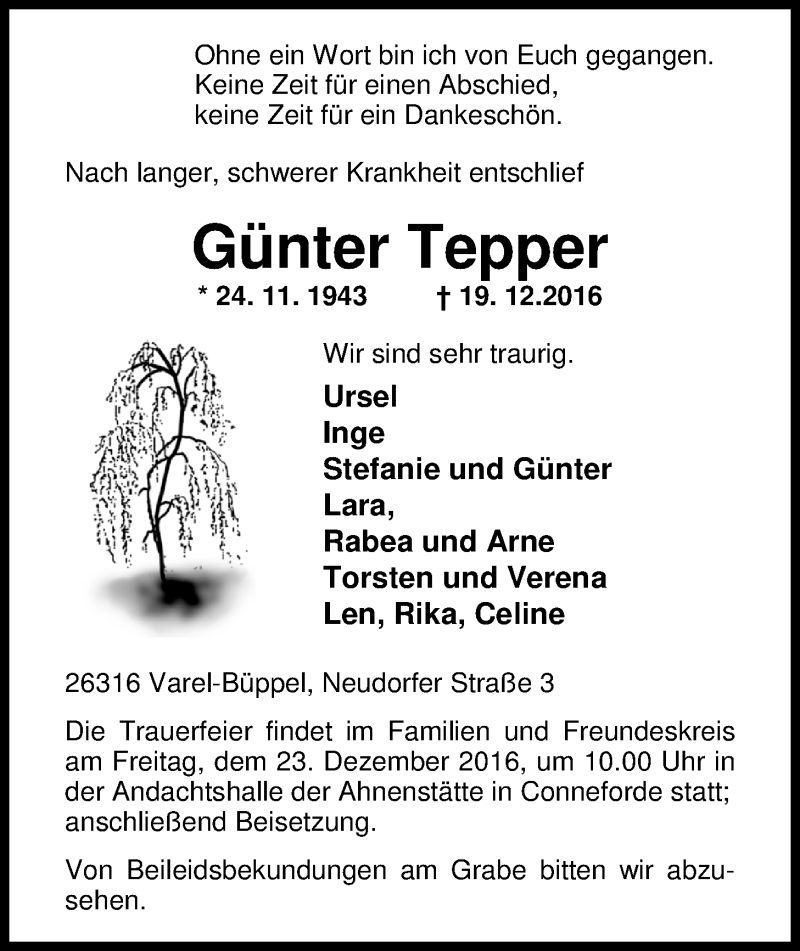  Traueranzeige für Günter Tepper vom 21.12.2016 aus Nordwest-Zeitung