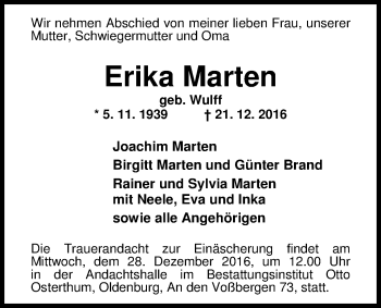 Traueranzeige von Erika Marten von Nordwest-Zeitung