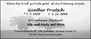 Traueranzeige von Günther Prietsch von Nordwest-Zeitung
