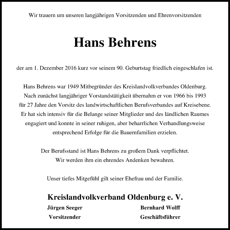  Traueranzeige für Hans Behrens vom 05.12.2016 aus Nordwest-Zeitung