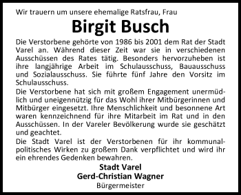 Traueranzeige von Birgit Busch von Nordwest-Zeitung