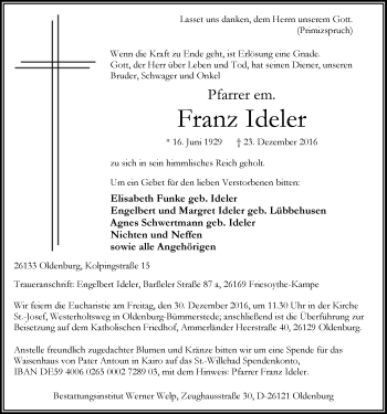 Traueranzeige von Franz Ideler von Nordwest-Zeitung