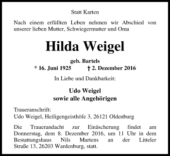 Traueranzeige von Hilda Weigel von Nordwest-Zeitung