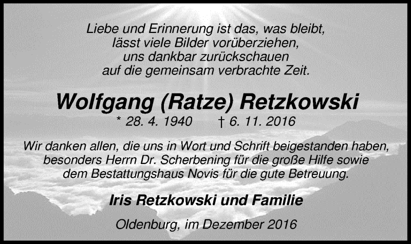  Traueranzeige für Wolfgang Retzkowski vom 03.12.2016 aus Nordwest-Zeitung