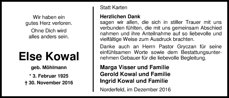  Traueranzeige für Else Kowal vom 30.12.2016 aus Nordwest-Zeitung
