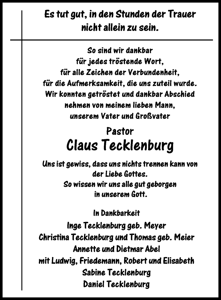  Traueranzeige für Claus Tecklenburg vom 17.12.2016 aus Nordwest-Zeitung