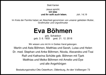 Traueranzeige von Eva Böhmen von Nordwest-Zeitung