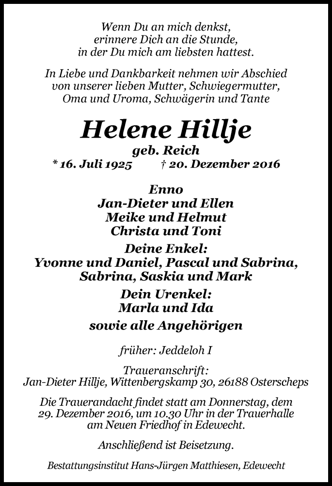  Traueranzeige für Helene Hillje vom 23.12.2016 aus Nordwest-Zeitung