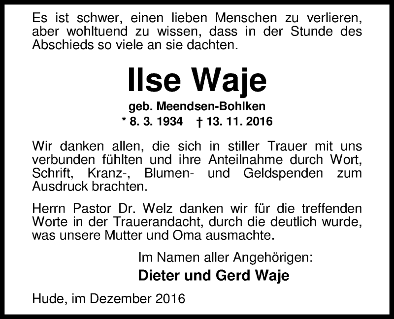  Traueranzeige für Ilse Waje vom 10.12.2016 aus Nordwest-Zeitung