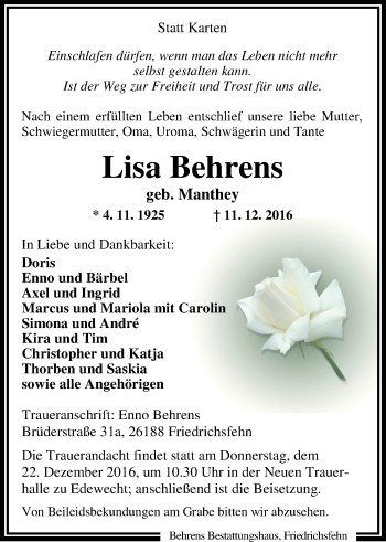 Traueranzeige von Lisa Behrens von Nordwest-Zeitung