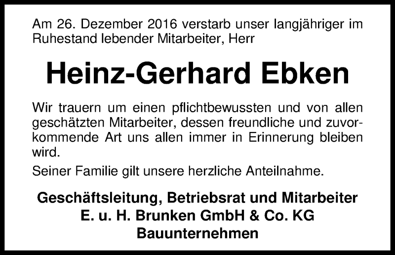  Traueranzeige für Heinz-Gerhard Ebken vom 31.12.2016 aus Nordwest-Zeitung