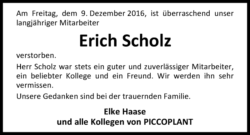 Traueranzeige für Erich Scholz vom 14.12.2016 aus Nordwest-Zeitung
