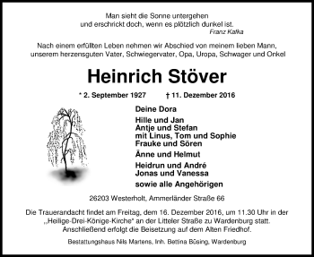 Traueranzeige von Heinrich Stöver von Nordwest-Zeitung