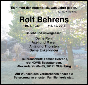 Traueranzeige von Rolf Behrens von Nordwest-Zeitung