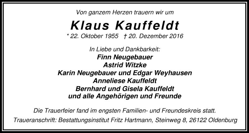  Traueranzeige für Klaus Kauffeldt vom 31.12.2016 aus Nordwest-Zeitung