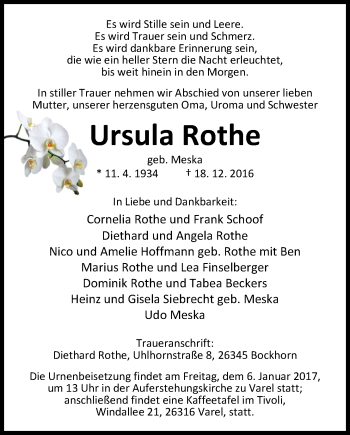 Traueranzeige von Ursula Rothe von Nordwest-Zeitung