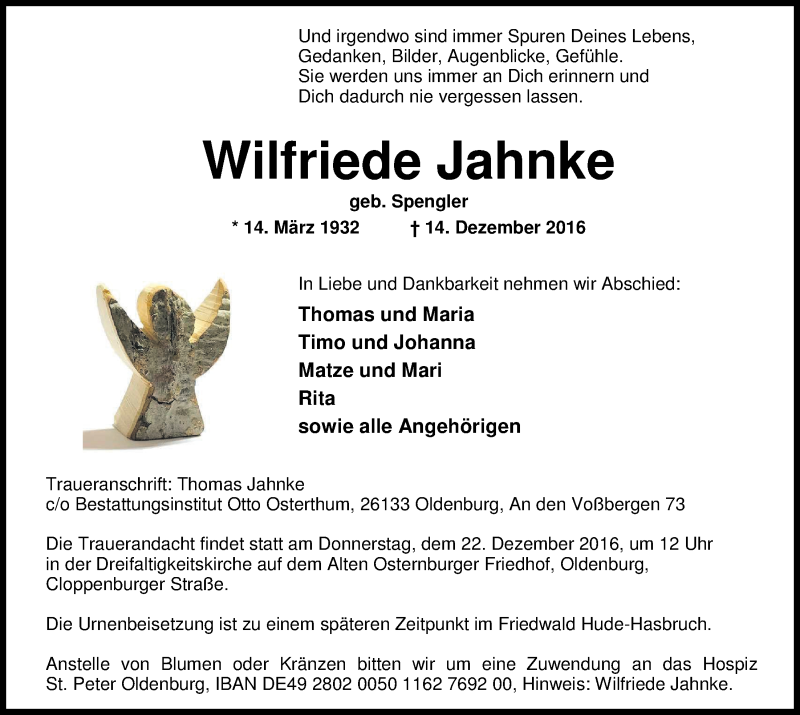  Traueranzeige für Wilfriede Jahnke vom 17.12.2016 aus Nordwest-Zeitung