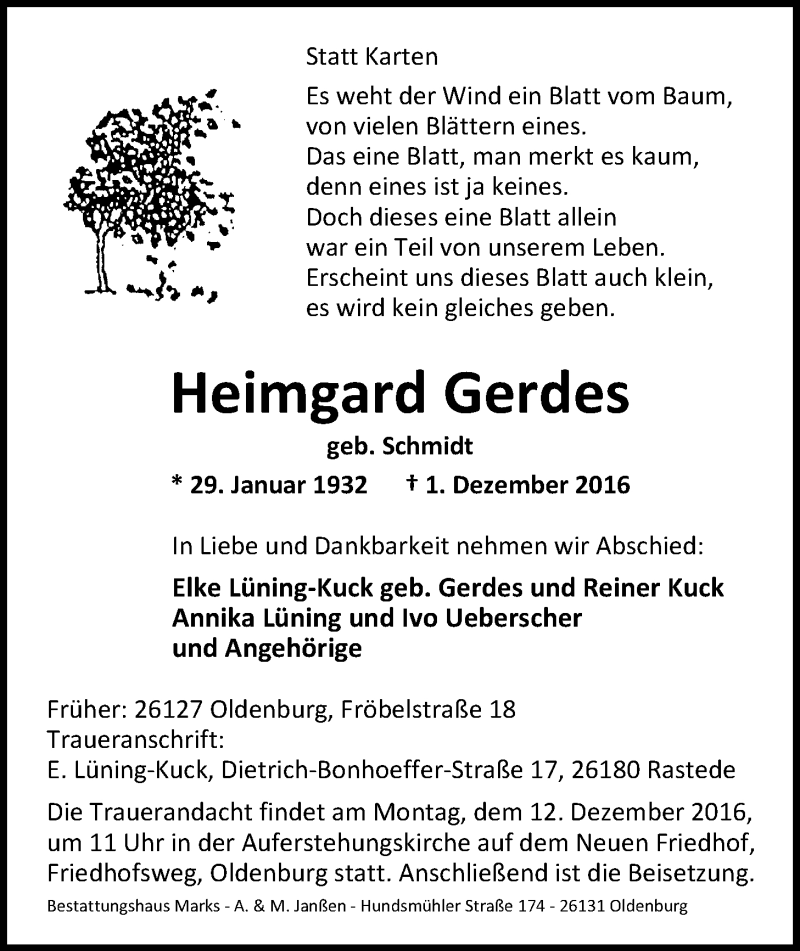  Traueranzeige für Heimgard Gerdes vom 06.12.2016 aus Nordwest-Zeitung