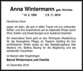 Traueranzeige von Anna Wintermann von Nordwest-Zeitung