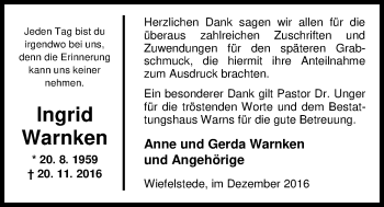Traueranzeige von Ingrid Warnken von Nordwest-Zeitung