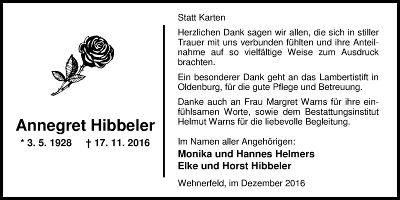  Traueranzeige für Annegret Hibbeler vom 17.12.2016 aus Nordwest-Zeitung