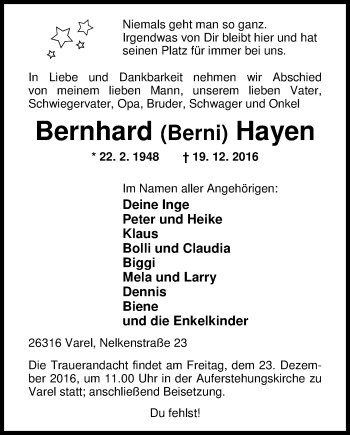 Traueranzeige von Bernhard Hayen von Nordwest-Zeitung