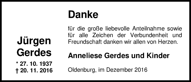  Traueranzeige für Jürgen Gerdes vom 31.12.2016 aus Nordwest-Zeitung