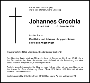 Traueranzeige von Johannes Grochla von Nordwest-Zeitung