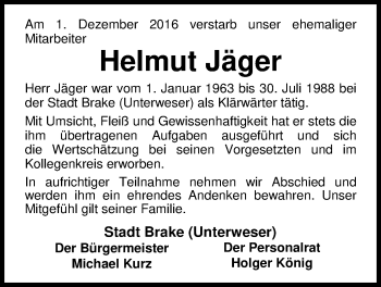 Traueranzeige von Helmut Jäger von Nordwest-Zeitung