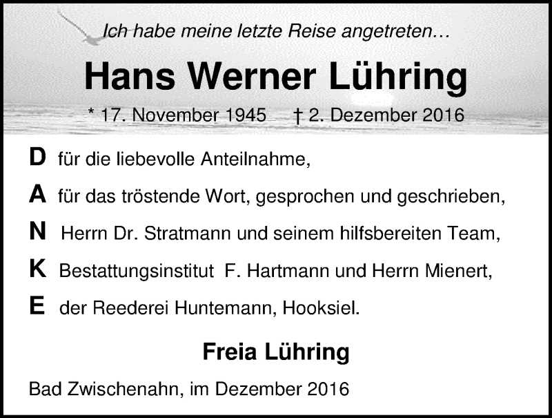 Traueranzeige für Hans Werner Lühring vom 30.12.2016 aus Nordwest-Zeitung
