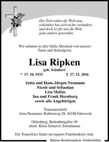 Traueranzeige von Lisa Ripken von Nordwest-Zeitung