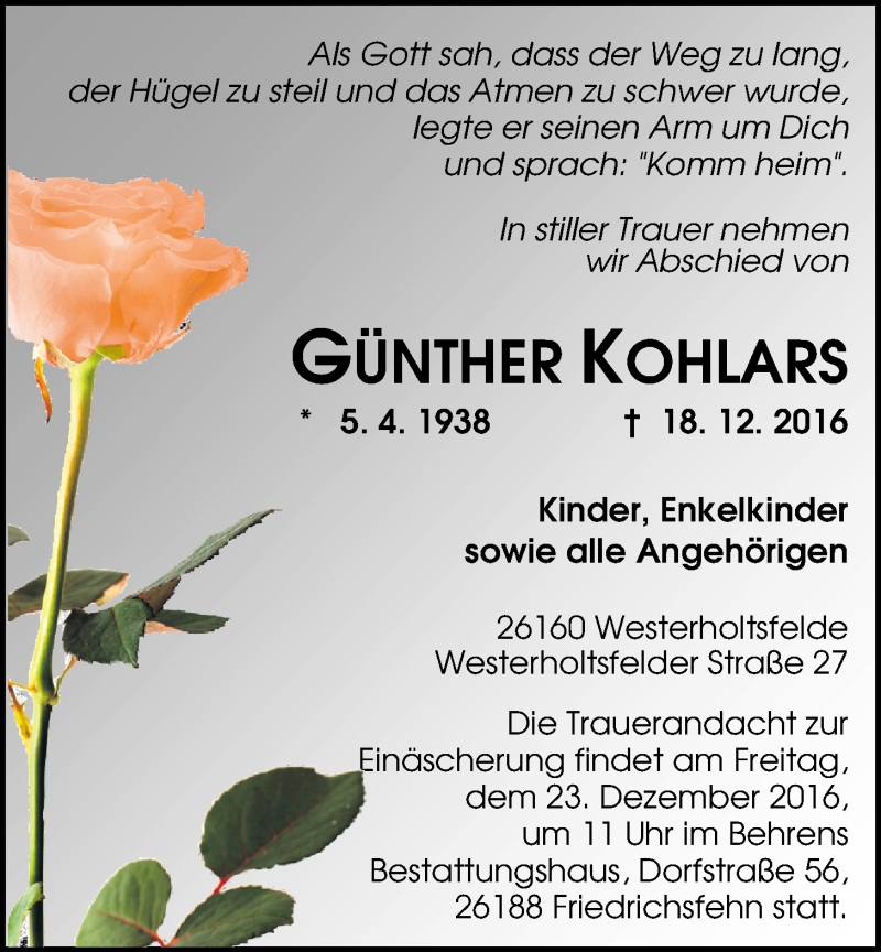  Traueranzeige für Günther Kohlars vom 21.12.2016 aus Nordwest-Zeitung