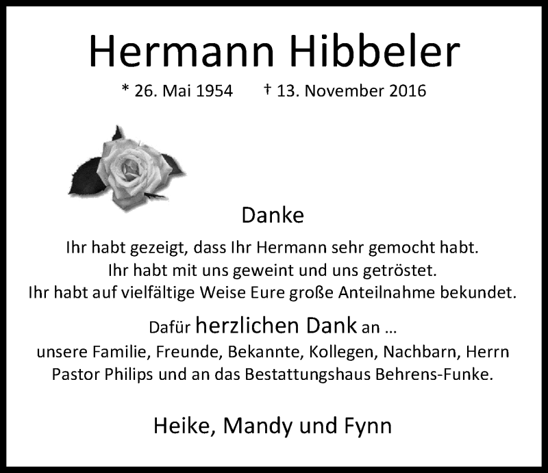  Traueranzeige für Hermann Hibbeler vom 24.12.2016 aus Nordwest-Zeitung