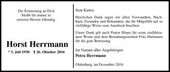 Traueranzeige von Horst Herrmann von Nordwest-Zeitung