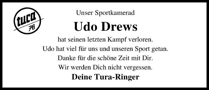  Traueranzeige für Udo Drews vom 31.12.2016 aus Nordwest-Zeitung