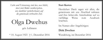 Traueranzeige von Olga Dwehus von Nordwest-Zeitung