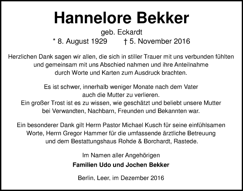  Traueranzeige für Hannelore Bekker vom 17.12.2016 aus Nordwest-Zeitung