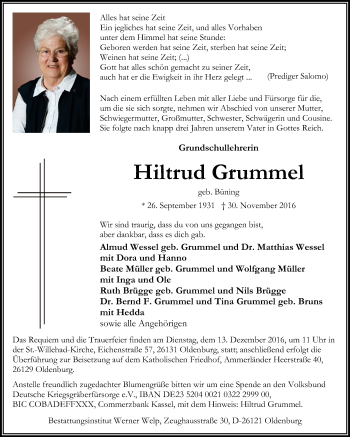 Traueranzeige von Hiltrud Grummel von Nordwest-Zeitung