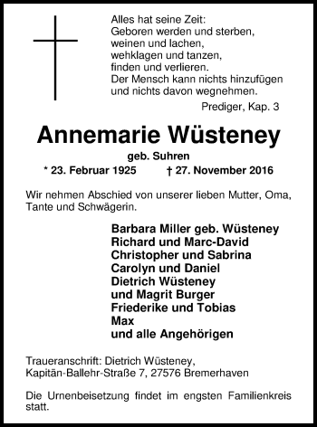 Traueranzeige von Annemarie Wüsteney von Nordwest-Zeitung