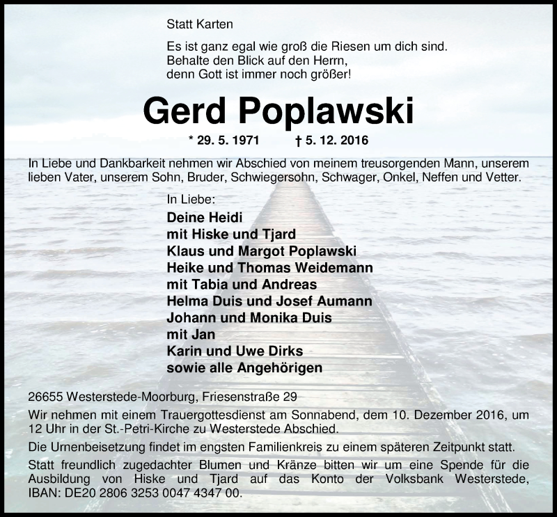  Traueranzeige für Gerd Poplawski vom 07.12.2016 aus Nordwest-Zeitung