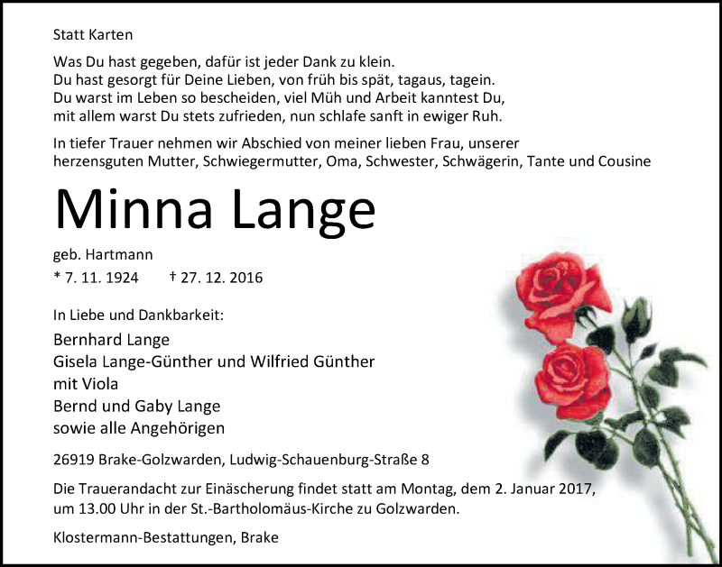  Traueranzeige für Minna Lange vom 29.12.2016 aus Nordwest-Zeitung