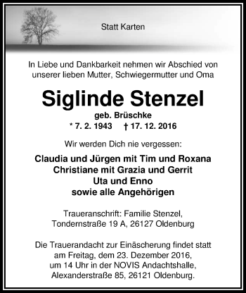 Traueranzeige von Siglinde Stenzel von Nordwest-Zeitung