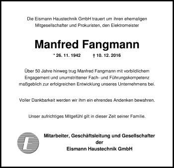 Traueranzeige von Manfred Fangmann von Nordwest-Zeitung