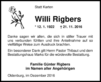 Traueranzeige von Wilhelm Rigbers von Nordwest-Zeitung