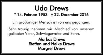 Traueranzeige von Udo Drews von Nordwest-Zeitung