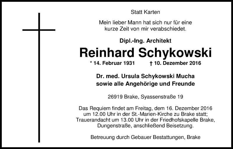  Traueranzeige für Reinhard Schykowski vom 13.12.2016 aus Nordwest-Zeitung