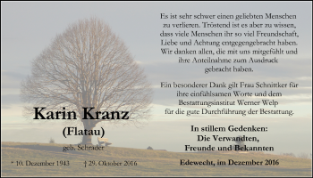 Traueranzeige von Karin Kranz von Nordwest-Zeitung