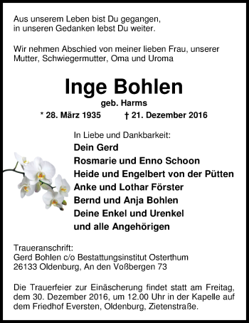 Traueranzeige von Inge Bohlen von Nordwest-Zeitung