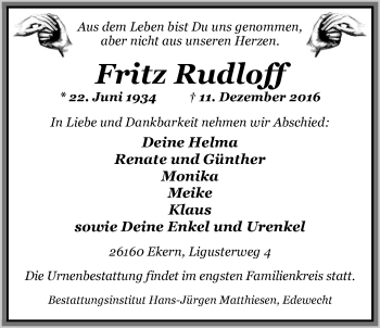 Traueranzeige von Fritz Rudloff von Nordwest-Zeitung